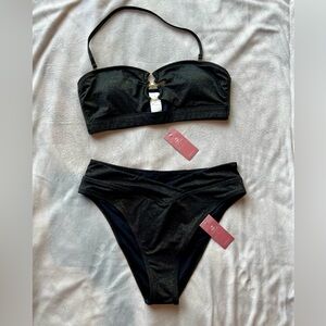 Cupshe 2-Piece Bikini Black/Gold Shimmer O-Ring Bandeau Cheeky
Bottom Medium